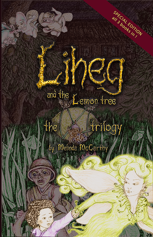 Liheg front cover with fairy flying holding the hand of a young child. Fairy folk in the background